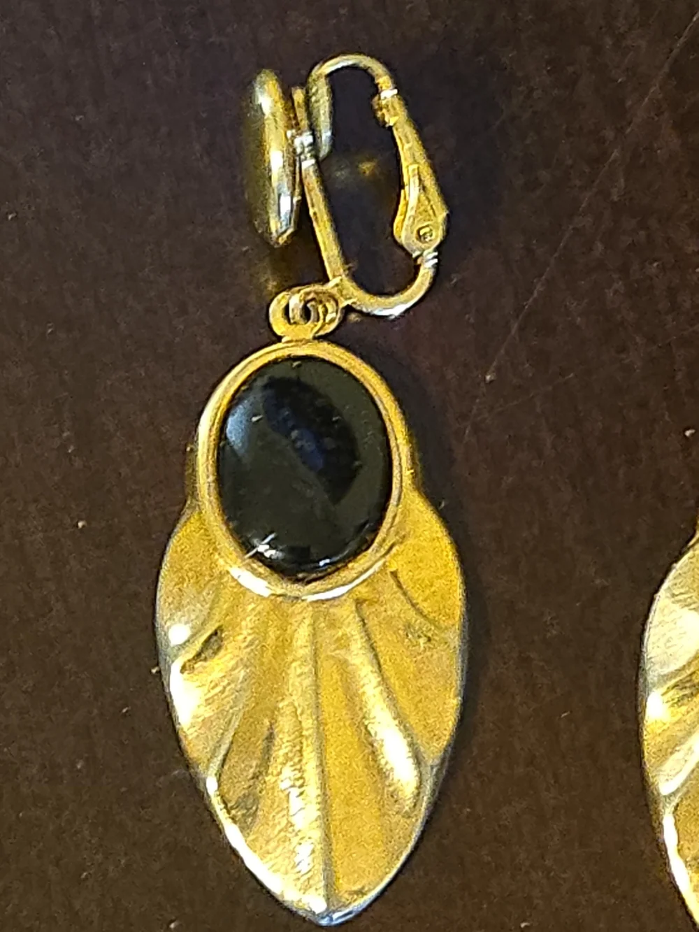 Gold Tone Drop Earrings with Black Stone Accent